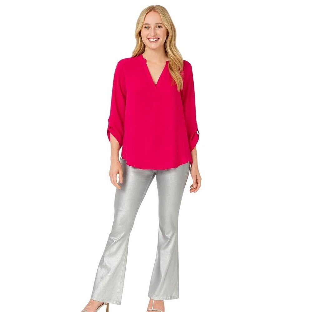 2/$30 Sugarmint Chiffon Bright Pink Chiffon Blouse Plunge V Neckline